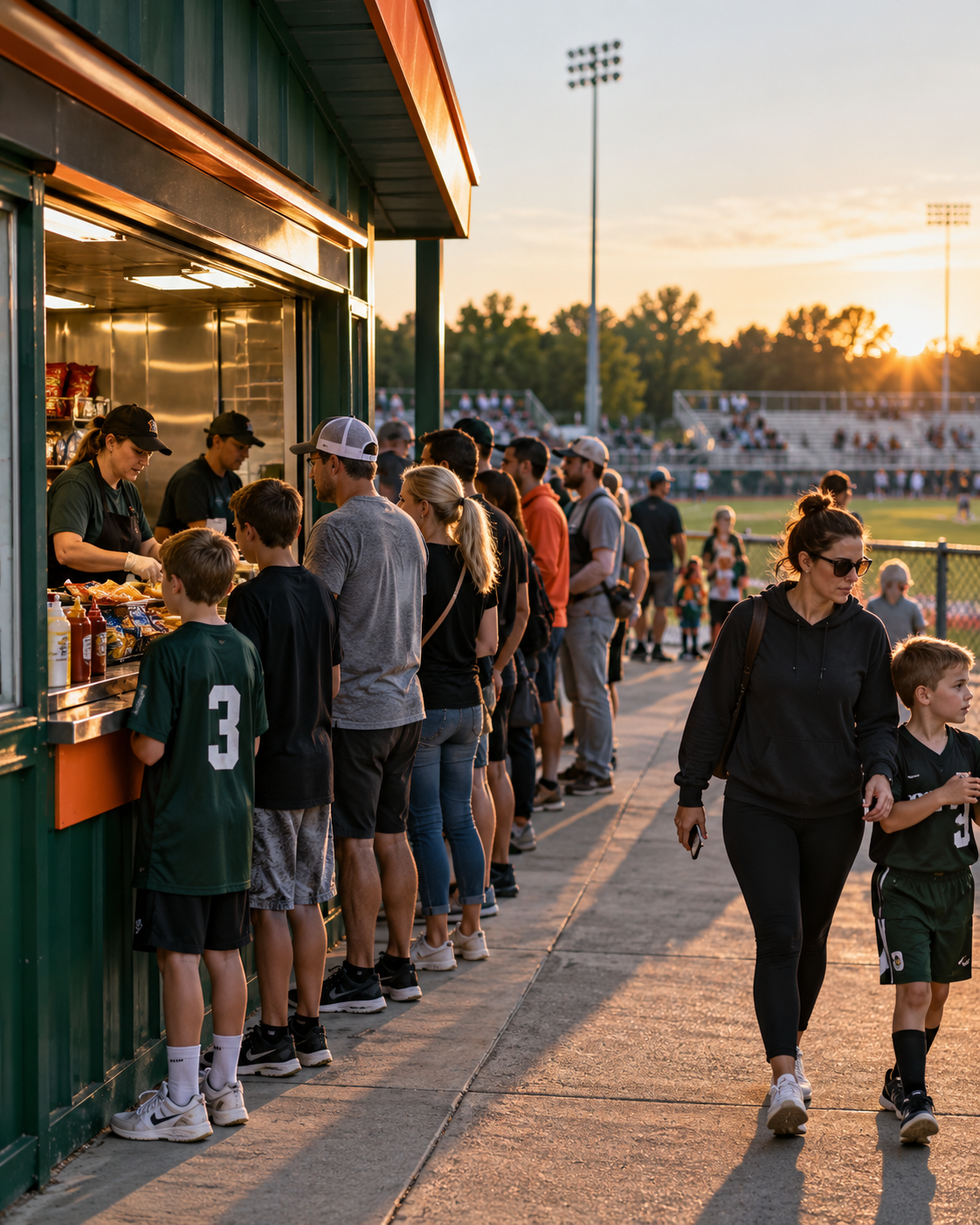 Fans walking away from a crowded concession stand during a busy game
