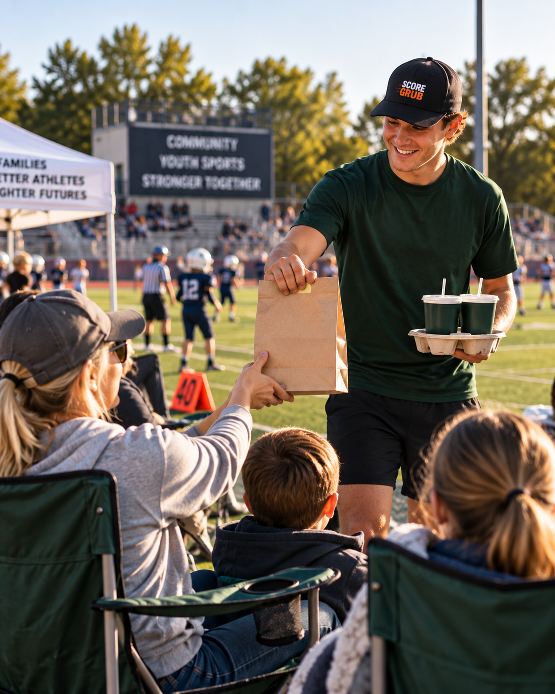 Families gathered around a busy youth sports concession area