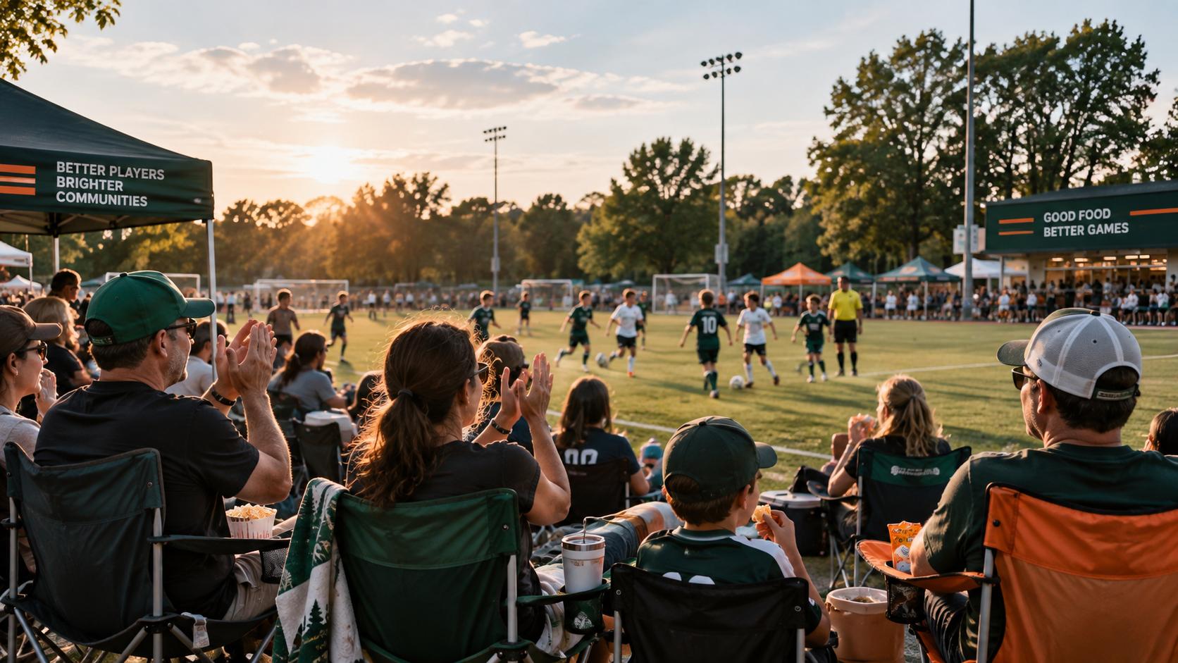 Fans watching a game from the stands while food is brought out